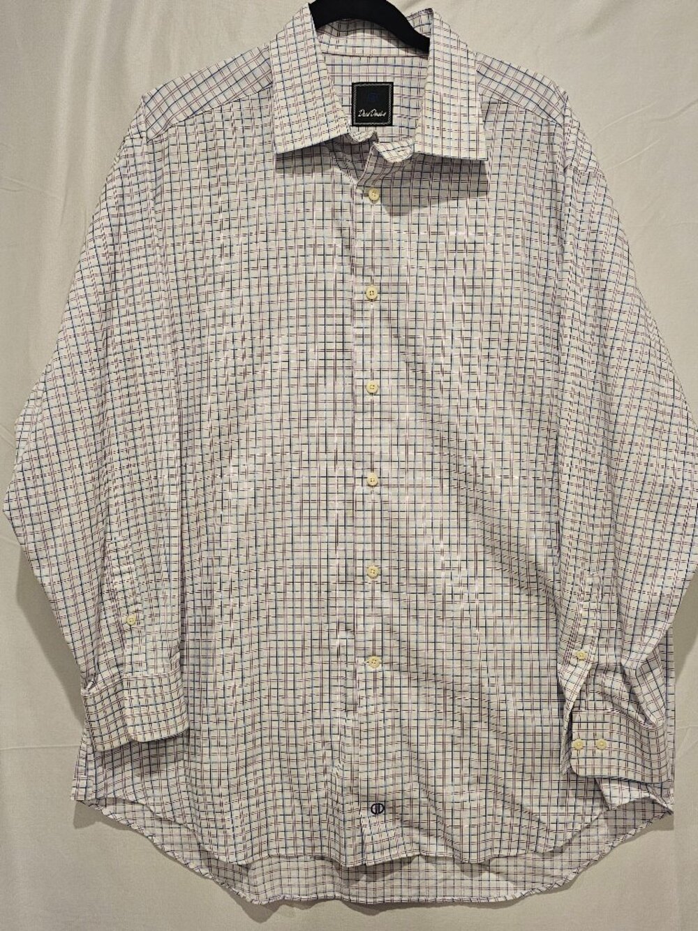 David Donahue Men's Dress Shirt 17 32/33 White Purple Check Cotton